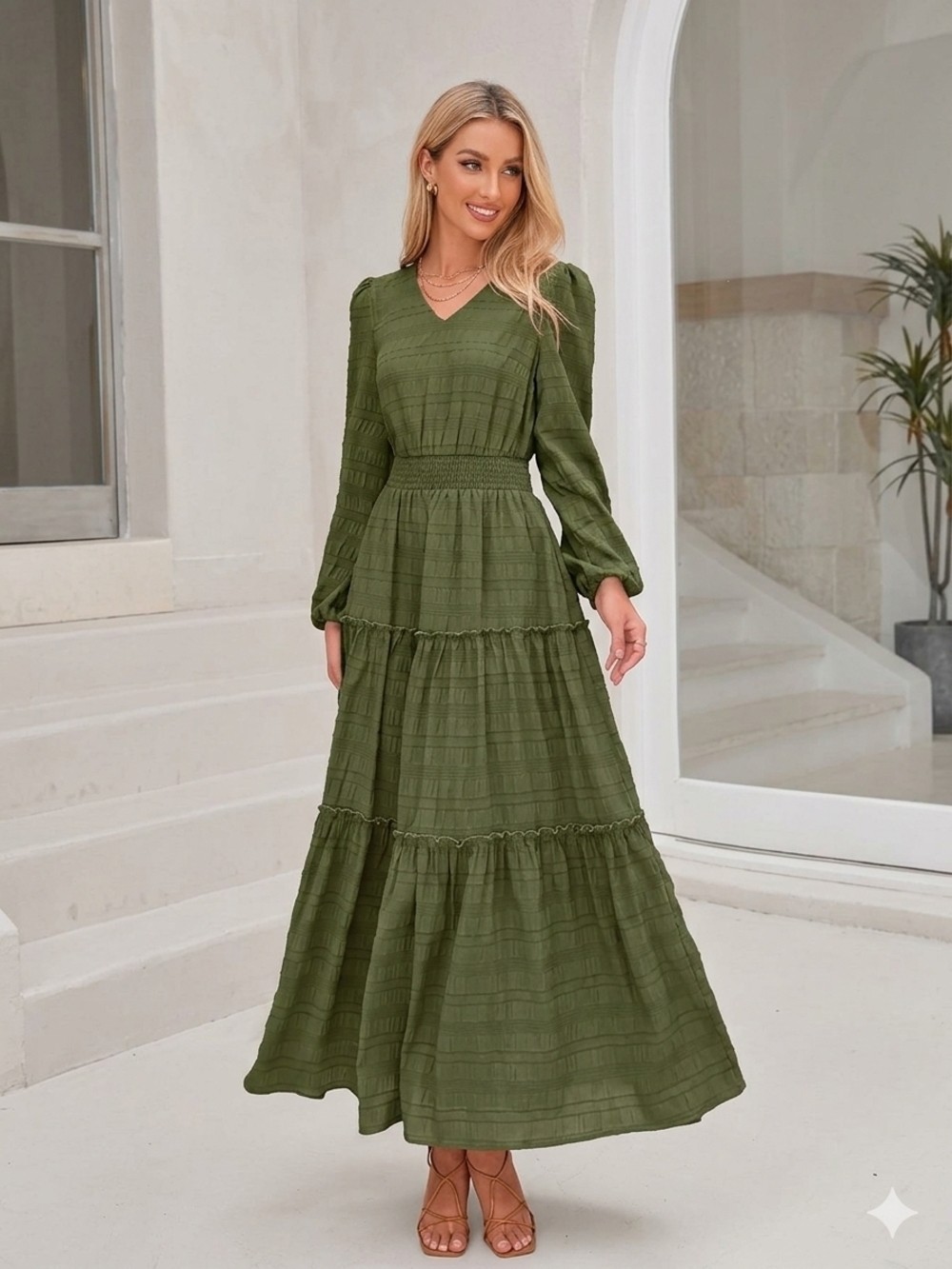 Pretty garden Long Sleeve V-Neck Maxi Dress - Olive Green